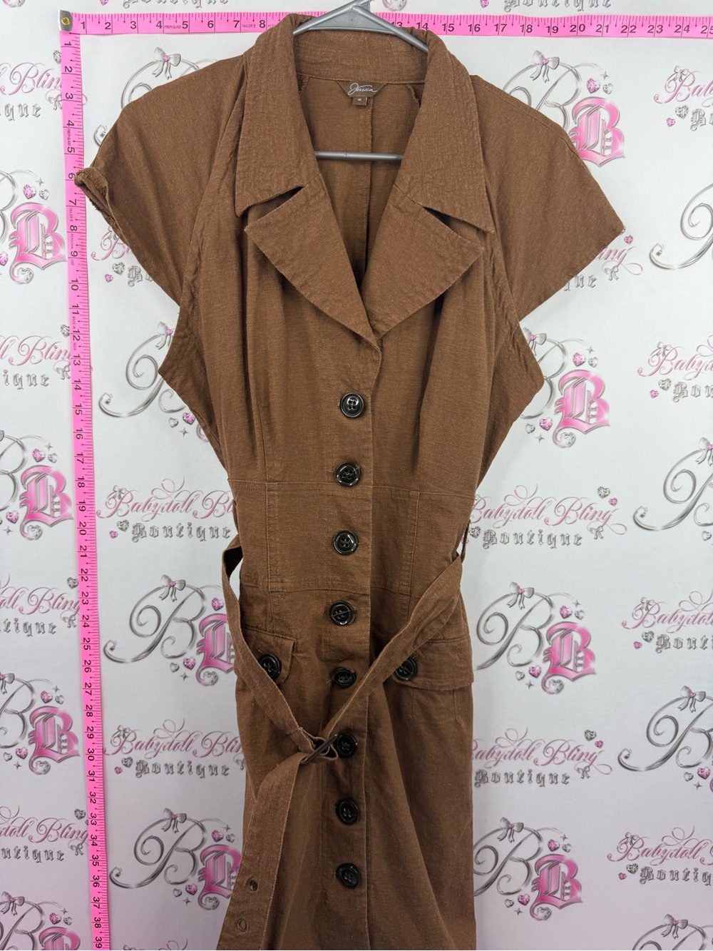 Jessica linen dress button up belted belt Brown Button-Front Midi Dress